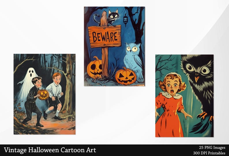 May include: Three vintage Halloween cartoon illustrations. The first shows two children in a forest with a ghost. The second shows a black cat, an owl, and pumpkins with the word "Beware" on a sign. The third shows a girl in a red dress with an owl behind her.