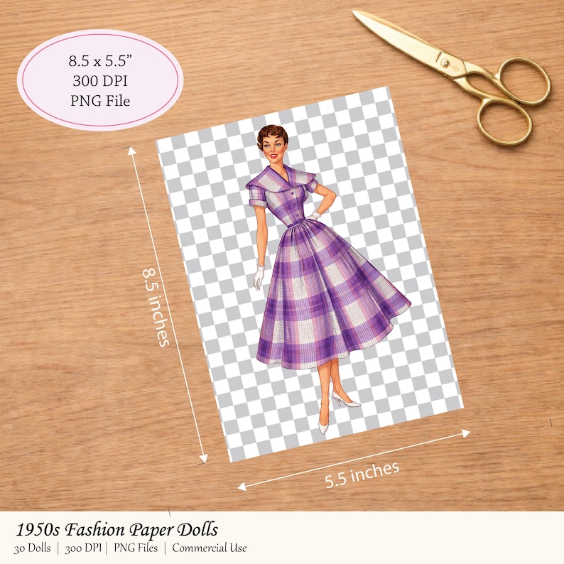 May include: A paper doll illustration of a woman in a purple and white plaid dress, with a matching collar and short sleeves. The image is 8.5 x 5.5 inches and includes the text "1950s Fashion Paper Dolls". Gold scissors are in the background.