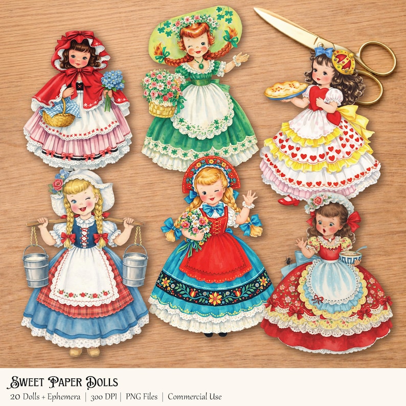 Puede incluir: Colecci&oacute;n de mu&ntilde;ecas de papel de estilo vintage con varios vestidos y accesorios. Las mu&ntilde;ecas son de colores brillantes, con detalles como cestas, flores y unas tijeras doradas. El texto "SWEET PAPER DOLLS" est&aacute; en la parte inferior.