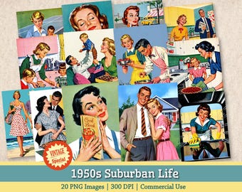 Illustrations vintage de la vie de banlieue des années 1950, couples et familles de femmes au foyer rétro, clipart PNG à imprimer et à télécharger gratuitement.