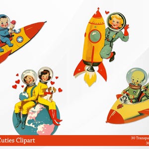 May include: A collection of vintage-style space-themed clipart images. The illustrations feature retro rockets, astronauts, and alien figures in vibrant colors. The images include the text "Space Age Cuties Clipart".