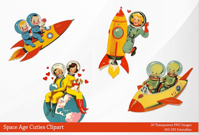 May include: A collection of vintage-style space-themed clipart images. The illustrations feature retro rockets, astronauts, and alien figures in vibrant colors. The images include the text "Space Age Cuties Clipart".