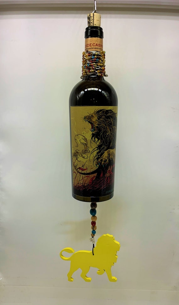 Juggernaut Wine Bottle Wind Chime With Fierce Lion Wire And Bead Wrapped Lion Dongle Hillside Cabernet