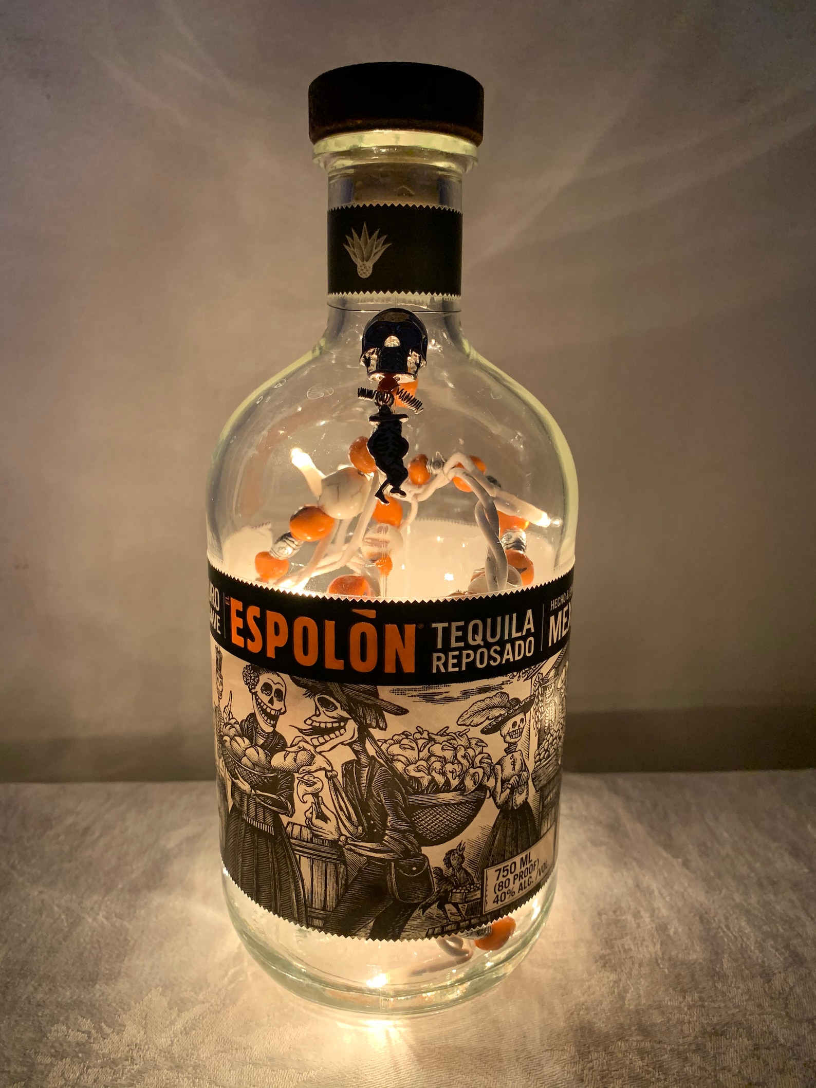 Tequila Bottle Light, ESPOLON Tequila Reposado, Skulls, Teeny Plugin Lights, Drilled Glass Etsy