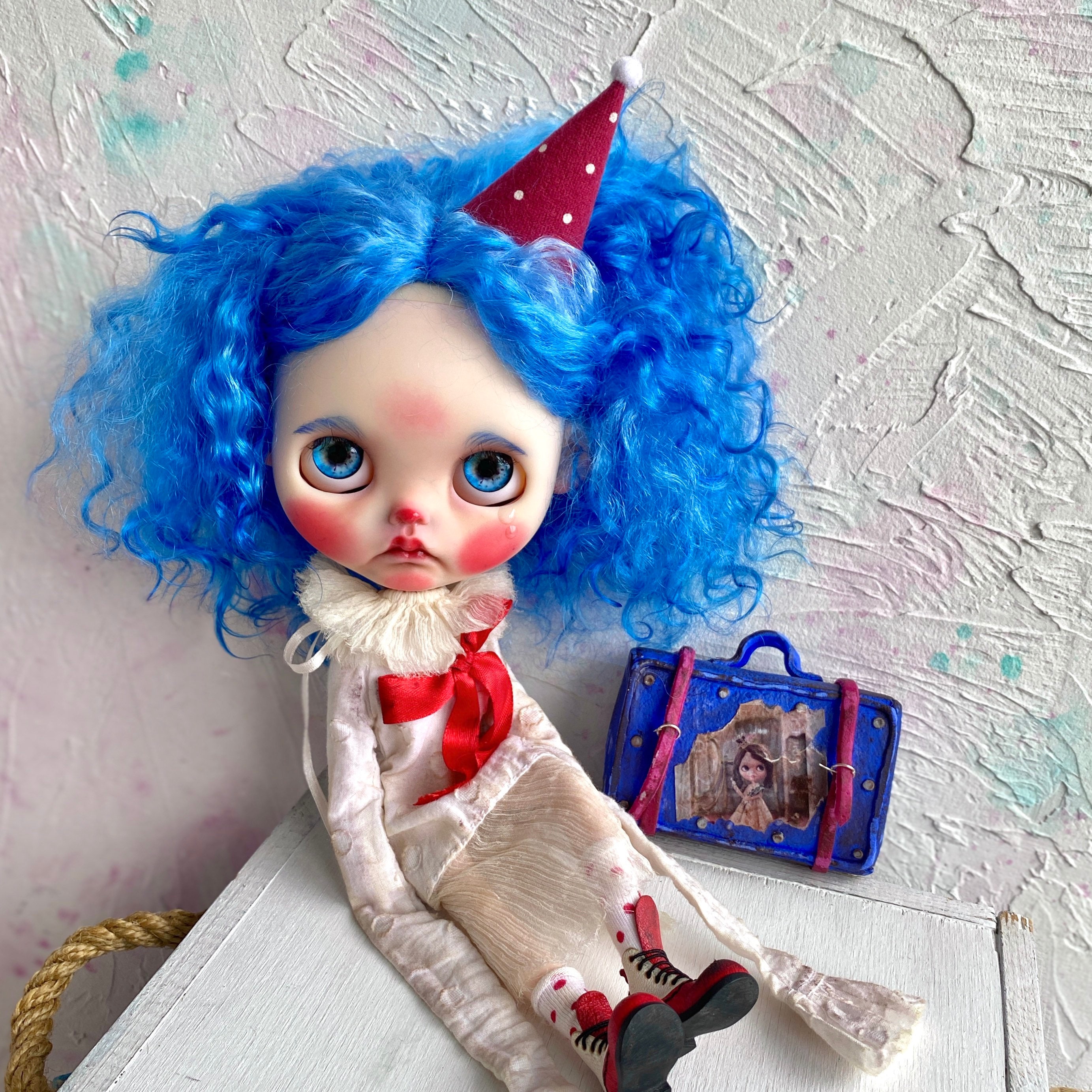 SOLD OUT. Blythe doll custom antique clown reroot hair blue. Etsy