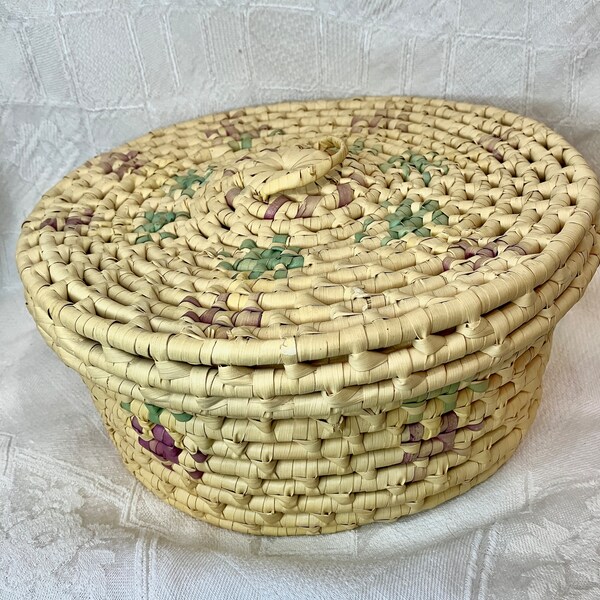 Vintage Woven Sewing Basket / Knit, Crochet, Mending Lidded Basket / Hand Dyed Accents / Open Coil Weave Storage Basket /  Large Size