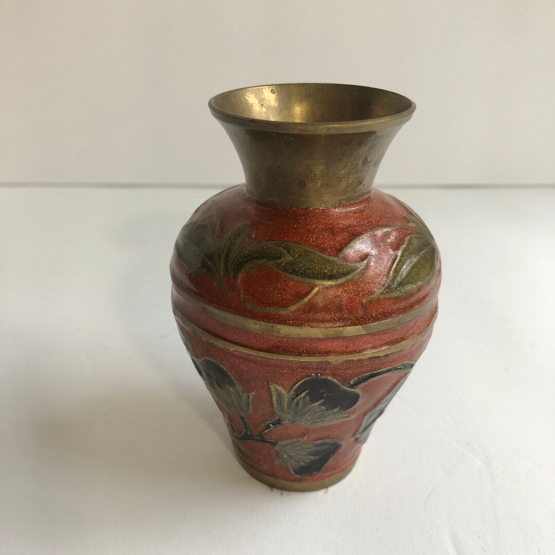 Vintage Enameled Brass Vase With Deep Blue Flowers on Rust Etsy