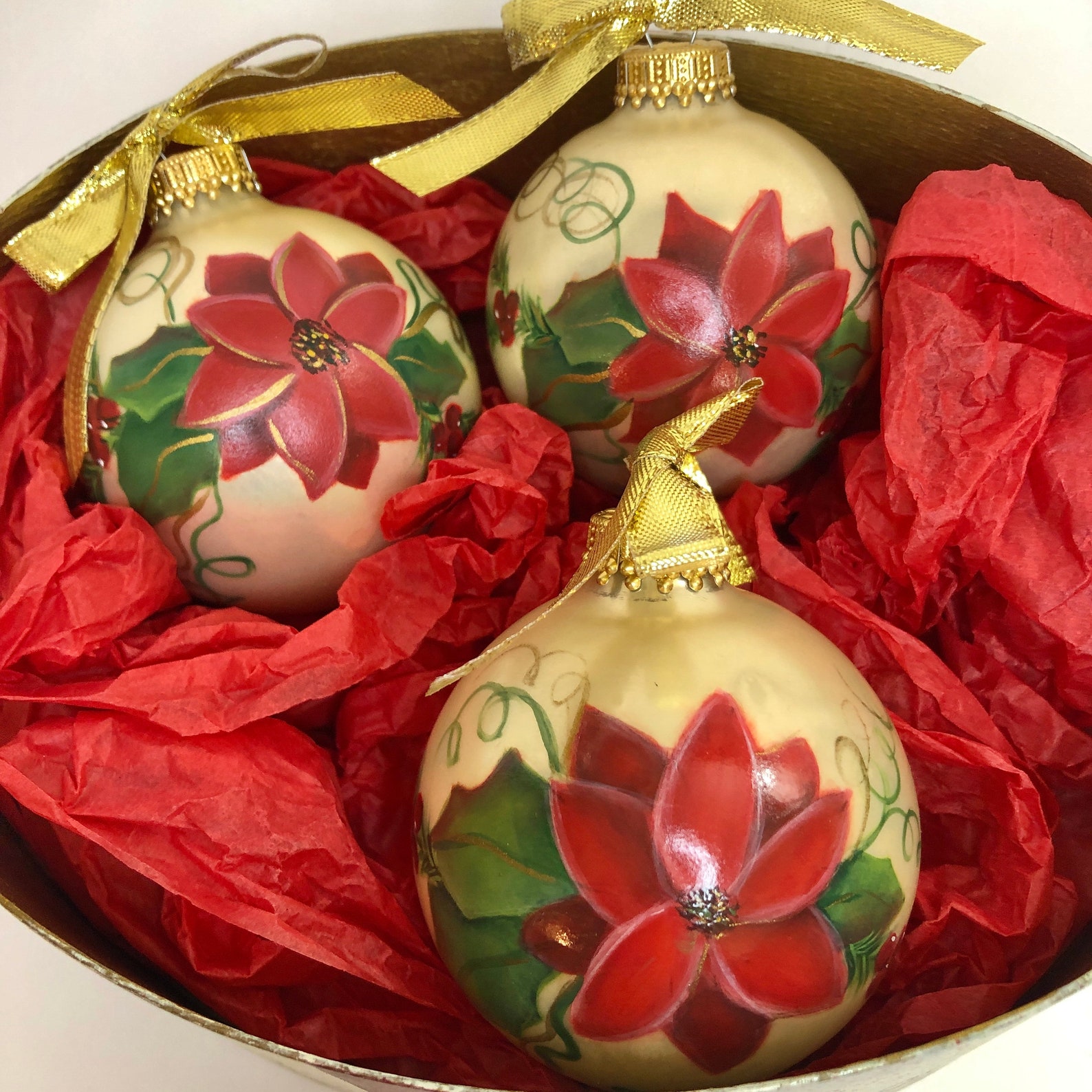 Vintage Hand Painted Poinsettia Christmas Ornaments with | Etsy