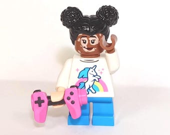Gamer Girl w/ Vitiligo Minifigure with Gaming Controller