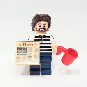 Millennial Bearded Guy Minifigure with Newspaper & Mug