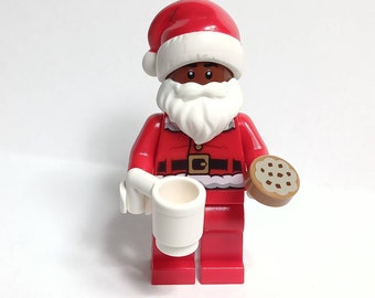 Black Santa Minifigure New African American Minifig with Milk & Cookie