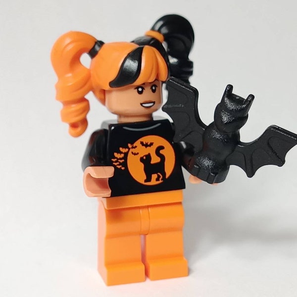 Spooky Girl Minifigure Curly Pigtails Halloween Minifig with Black Bat