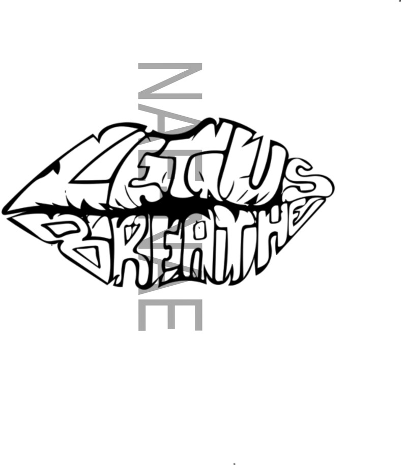 Może przedstawiać: Czarno-biała grafika stylizowanych ust ze słowami "LET US BREATHE" wkomponowanymi w projekt. Obraz jest odważnym, artystycznym oświadczeniem, idealnym na odzież lub sztukę ścienną.