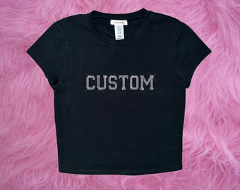 Custom Bling Rhinestone Black Tee cropped CROP top/short cut tee shirt choose your own text