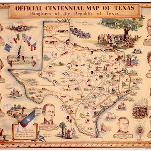 Texas Centennial Map 1936 - Daughters of the Republic of Texas - Reproduction