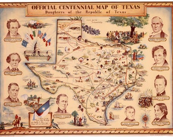 Texas Centennial Map 1936 - Daughters of the Republic of Texas - Reproduction