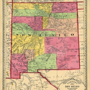 May include: A vintage map of New Mexico from 1887, showing the state's counties and major towns. The map is printed in shades of pink, green, and yellow, with black lines for roads and rivers. The title "Tunison's 1887 New Mexico" is printed in the lower right corner.