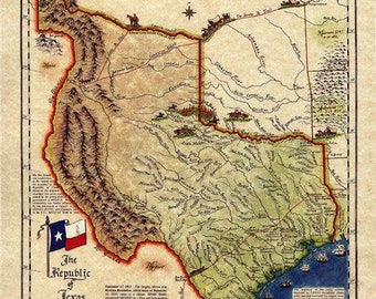 Republic of Texas Historical 1836 Map w Flag, Old, Indians