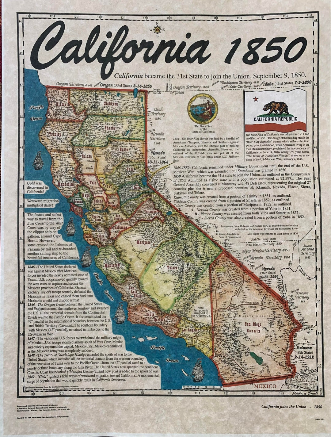 Old California 1850 Map Historical Notes Modern Print Etsy
