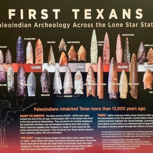 May include: A timeline of Paleoindian archeology in Texas, showing different types of arrowheads and spear points used by Native Americans over 13,000 years. The timeline is labeled with the names of the archeological periods and the years before present. The text explains that Paleoindians adapted to survive in Texas by hunting megafauna and foraging for local resources. The text also highlights the importance of appreciating the study of ancient people through the science of archeology.