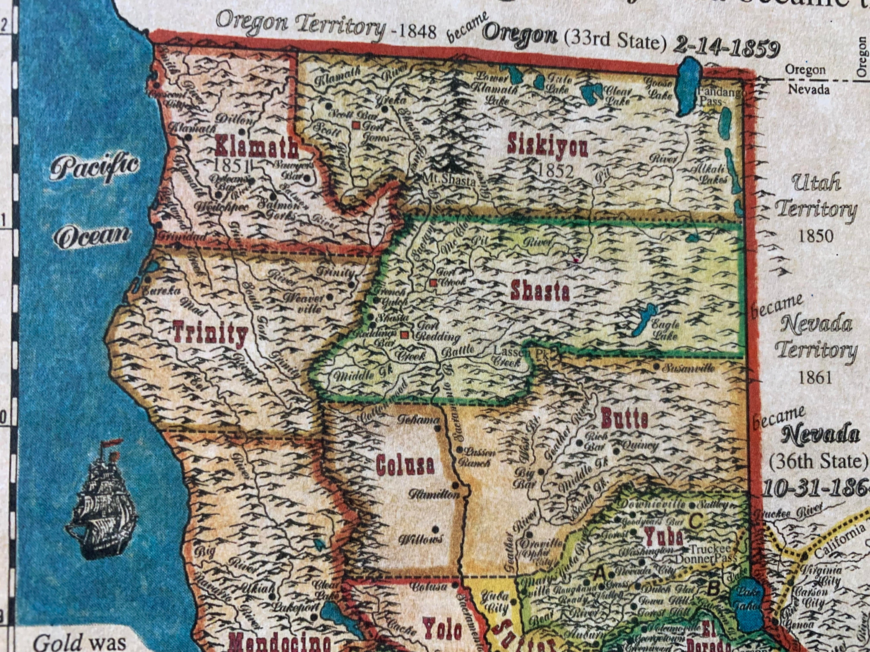 Old California 1850 Map Historical Notes Modern Print