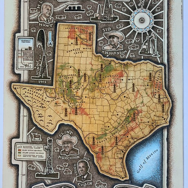 Texas Oil & Gas Shales Map, Giclee fine art paper, Permian Basin, Eagle Ford Shale