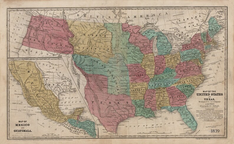 Old Antique 1839 Map of the United States, Republic of Texas & Indian ...