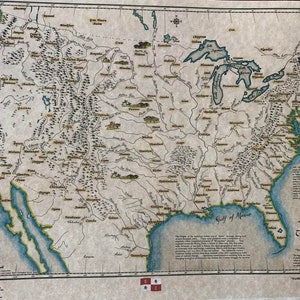 May include: A vintage map of North America depicting the tribal groups of Native Americans in 1653. The map is drawn in a detailed style with brown, blue, and green colors. The map is titled "North American Indian Tribal Groups 1653."