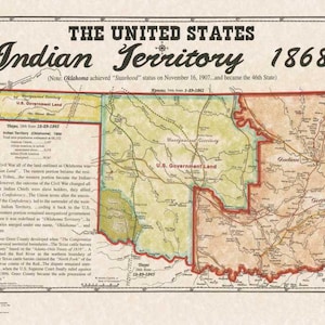 May include: A vintage map of the United States Indian Territory in 1868. The map shows the boundaries of the territory, which was divided into several sections, including the Cherokee, Creek, Chickasaw, Choctaw, and Seminole nations. The map also shows the location of the U.S. Government Land and the various rivers and streams that flowed through the territory.