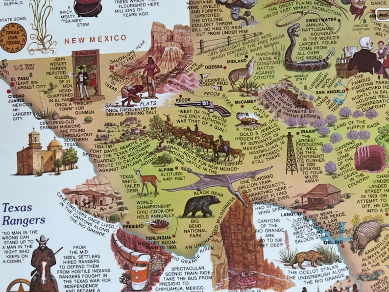 Texas Feature Map Beautiful Animated Illustrated Map of Old Texas History, Makes a Great ...