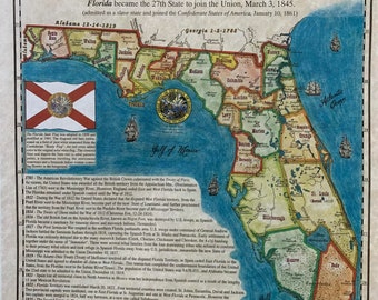 May include: A vintage map of Florida, showing the state's borders and counties. The map is titled "Florida 1845" and includes the text "Florida became the 27th State to join the Union, March 3, 1845." The map also includes a timeline of significant events in Florida's history.