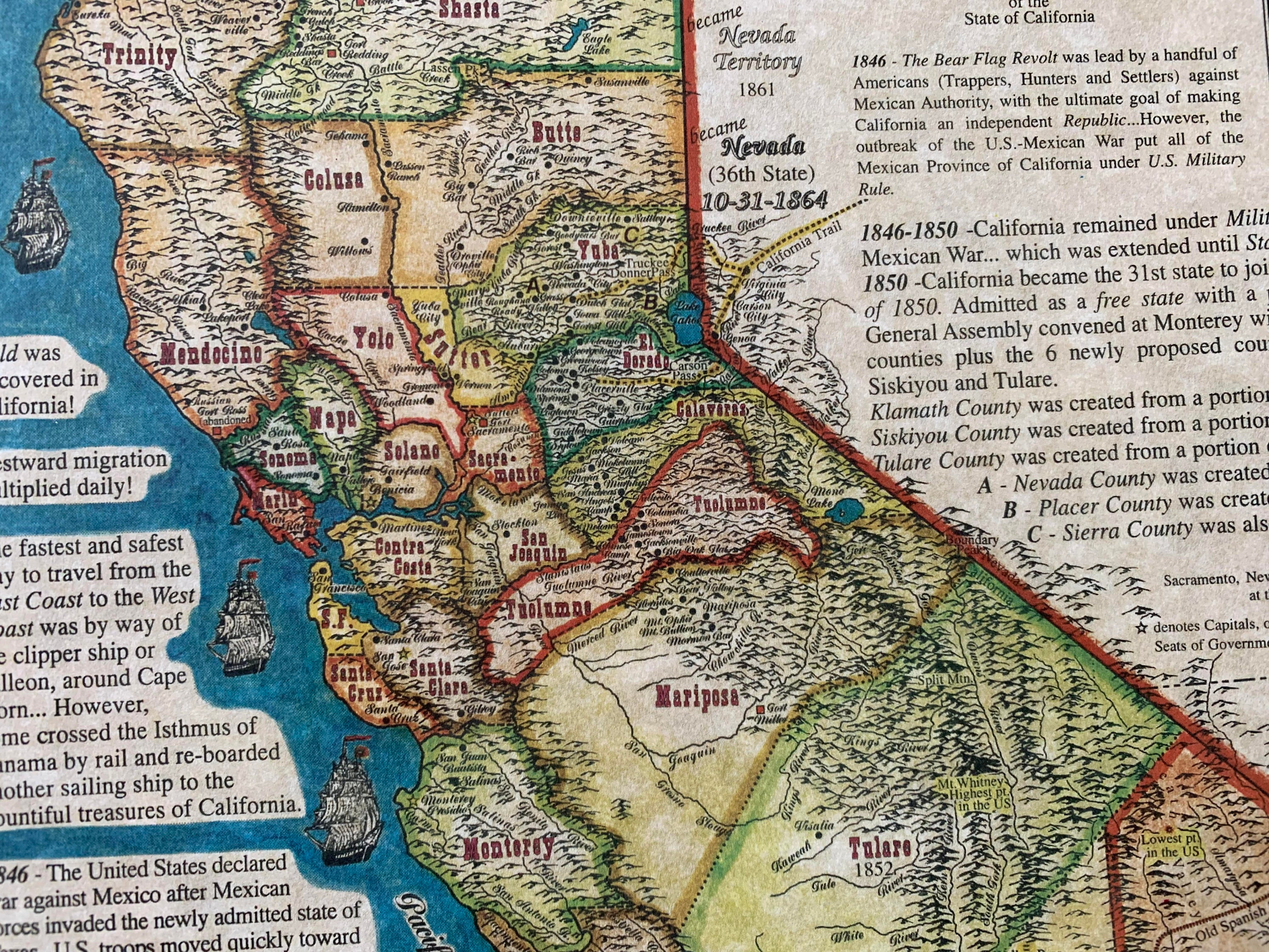 Old California 1850 Map Historical Notes Modern Print