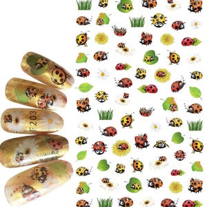 Ladybug nail stickers – cute summer nail art decals in red green yellow black - autocollants ongles coccinelle été - bugs and flowers