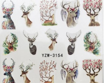 Sheet of nature deer and antlers with flowers nail art - nail decals
