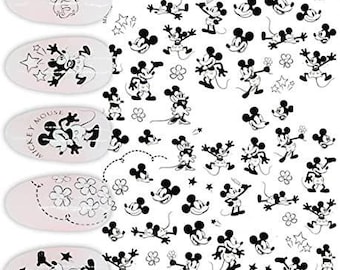 Pegatinas de uñas de Mickey Mouse y Minnie Mouse en blanco y negro para decoración de uñas Disney con flores de estrellas