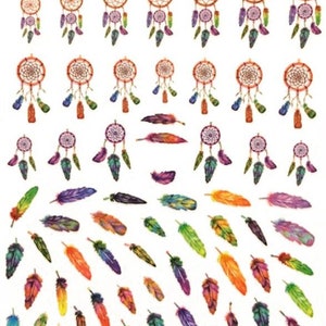Feathers and dreamcatcher nail stickers decals, bohemian boho spiritual nail art orange purple green