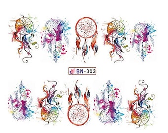 Full Sheet Dreamcatcher - Feather - Watercolor - Nail Stickers - Salon Quality Nail Art Nail Wrap Nail Decals  - 1 Sheet