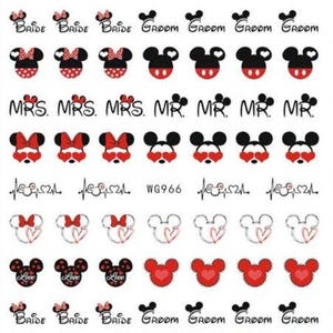 Mouse ears - wedding - mrs mr bride and groom nail stickers mrs minnie mr mickey - red love hearts fingernail art valentines day - red black
