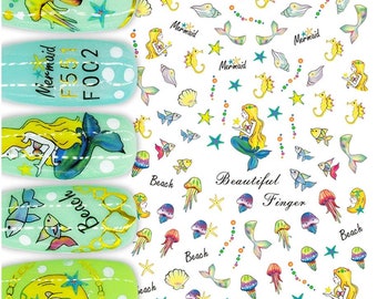 Plus de 50 stickers pour ongles sur le thème de l'océan, sirènes, poissons de l'océan