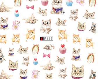 Cats and Cupecakes Nail Stickers - Cute Kitty with Bows over 50 Stickers