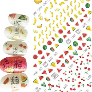 Summer fruit watermelon and banana  nail art stickers, yellow, red, green