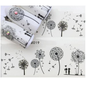 Full sheet black dandelion flower lovers nail stickers - salon quality nail art nail wrap nail decals  - 1 sheet