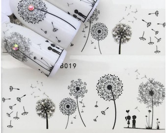 Full sheet black dandelion flower lovers nail stickers - salon quality nail art nail wrap nail decals  - 1 sheet