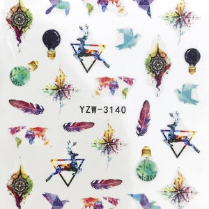 Full set of water color birds feathers travel compass deer nail sticker salon quality nail art - nail decals