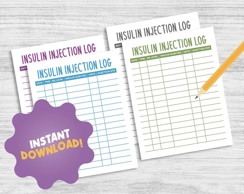 Injection Log Printable Copy T1D Insulin Injection Log INSTANT DOWNLOAD (8.5x11 Inches) 4 Colors ...