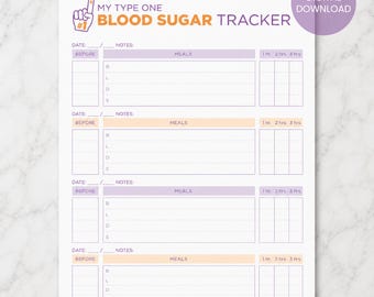 Printable Blood Sugar Tracker, Diabetes, Type 1 Diabetes, Type 2 Diabetes, Type One, T1D, Blood Sugar Log, Printable