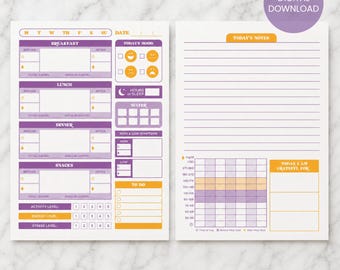 PLANNER INSTANT DOWNLOAD Purple Diabetes Journal (8.5x11 inches), Blood Sugar Logbook, T1D, Meal Tracker, Blood Sugar Log, Mood Journal