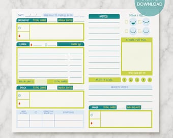 INSTANT DOWNLOAD Kid's School Diabetes Journal (8.5x11 inches), Blood Sugar Logbook, T1D, Meal Tracker, Blood Sugar Log, Mood Journal