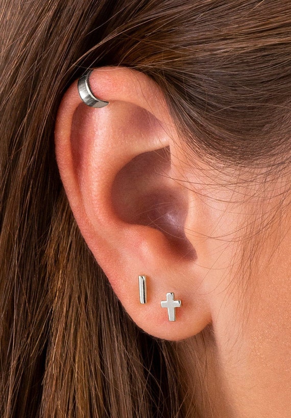 Tiny Cross Earrings Cartilage Earring Stud Silver Stud Etsy