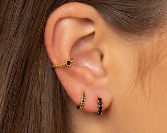 Small Onyx Huggie Hoop Earrings Solid 14k Yellow Gold Huggies Round Black Tiny